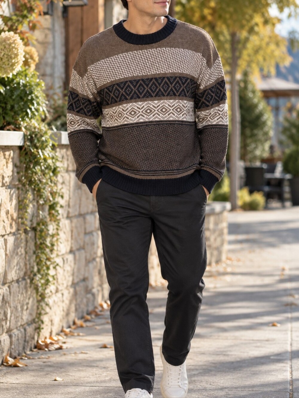 OAK + FORT Men’s Brown Black Geometric Pattern Crewneck Knit Sweater Cozy Casual